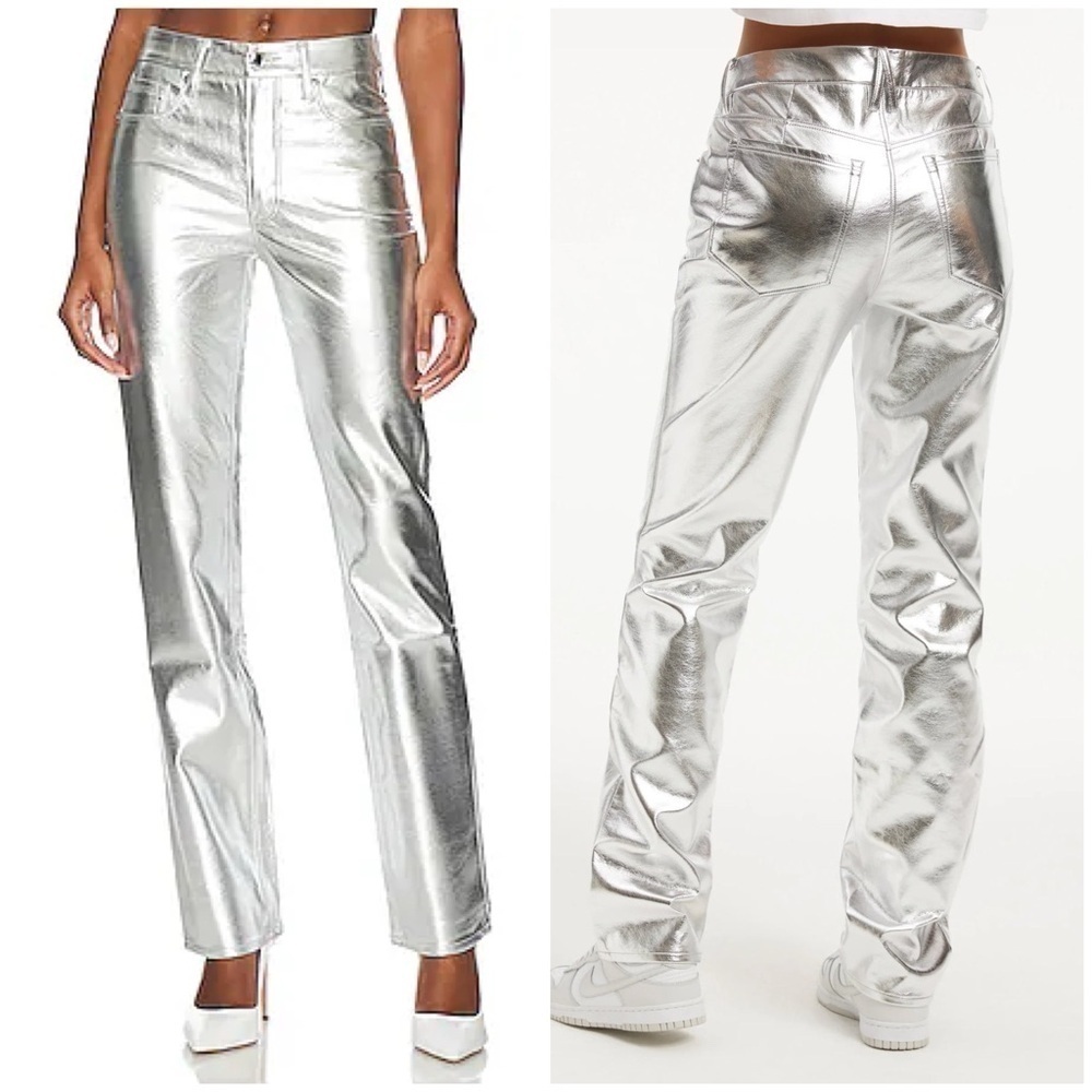 Good American Faux Leather Good Icon Straight Pants Silver Metallic Disco 8 29